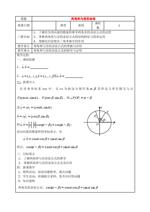 高中数学两角和与差余弦教案新人教版必修4