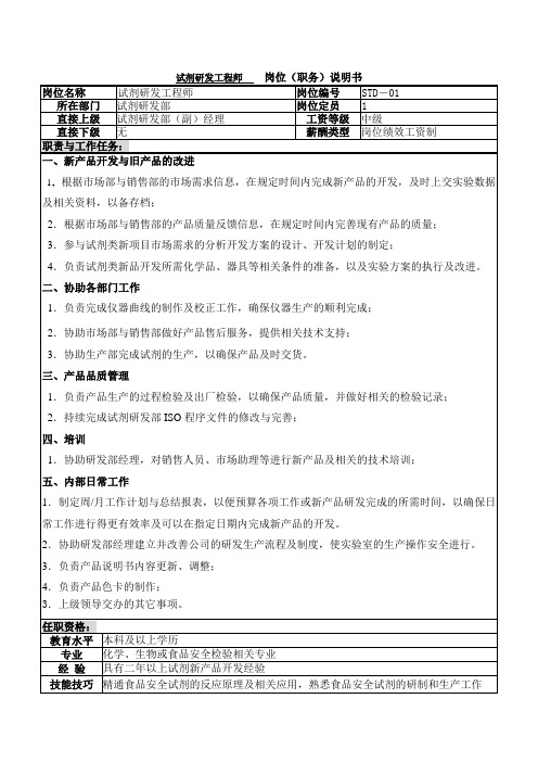 试剂研发工程师岗位职务说明书