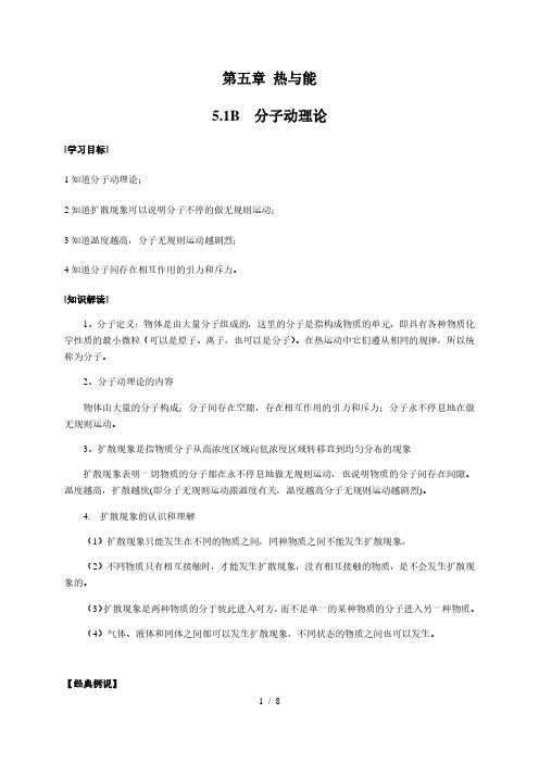 5.1B 分子动理论—沪教(上海)版八年级物理下册学案