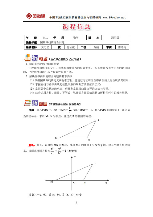 【2018新课标 高考必考知识点 教学计划 教学安排 教案设计】高二数学：圆锥曲线的综合问题