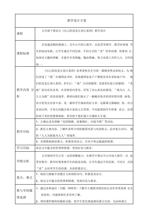 五年级下册语文《自己的花是让别人看的》教学设计