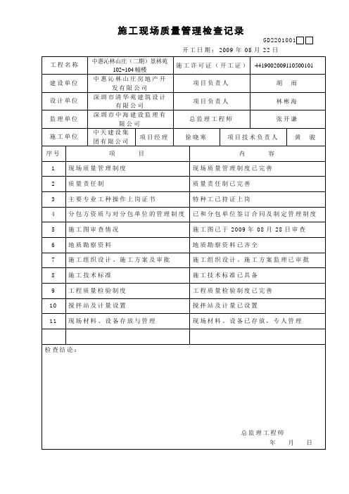 施工现场质量管理检查记录GD2201001