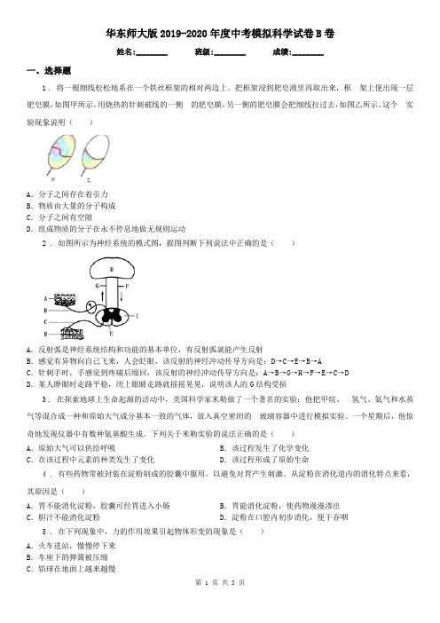 华东师大版2019-2020年度中考模拟科学试卷B卷