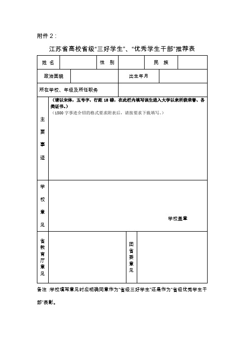 ：江苏省高校省级“三好学生”、“优秀学生干部”推荐表