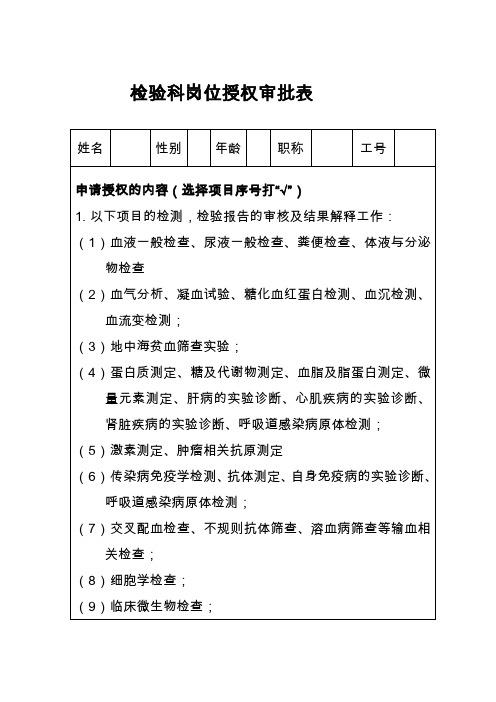 检验科岗位授权申请表