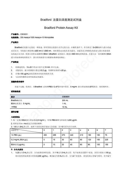 Bradford法蛋白浓度测定试剂盒-说明书