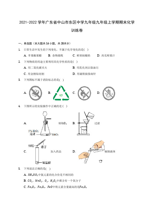 2021-2022学年广东省中山市东区中学九年级九年级上学期期末化学训练卷(含答案详解)