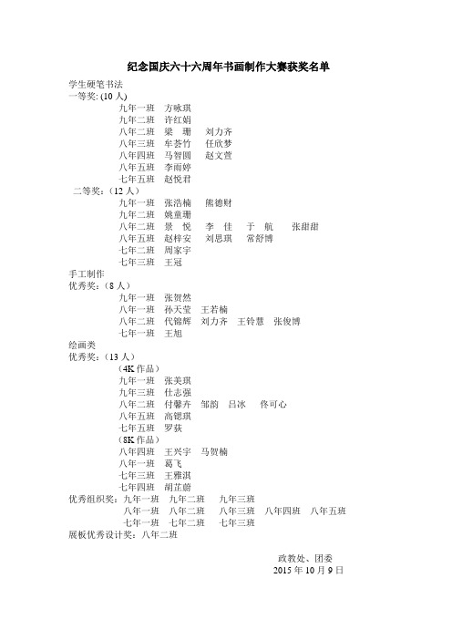 2015-10-9表彰抗日战争胜利70周年书画大赛获奖名单