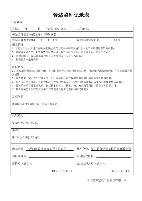 塔吊安装旁站监理记录表