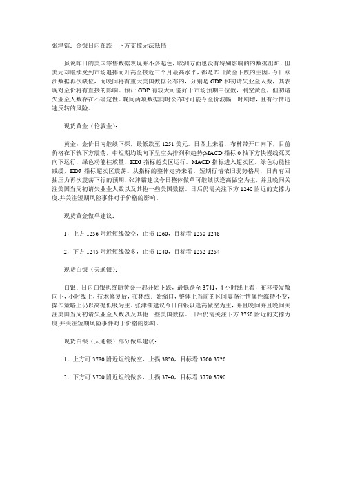 张津镭：金银日内在跌  下方支撑无法抵挡