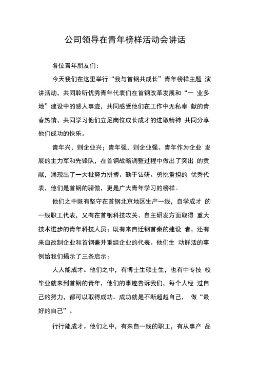 公司领导在青年榜样活动会讲话