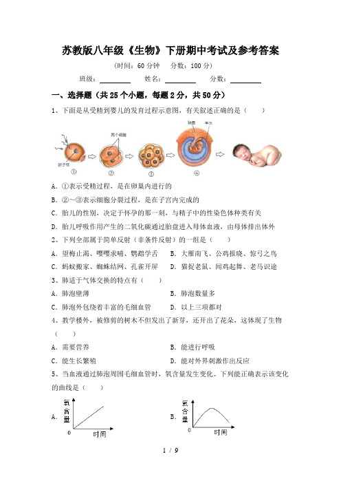 苏教版八年级《生物》下册期中考试及参考答案