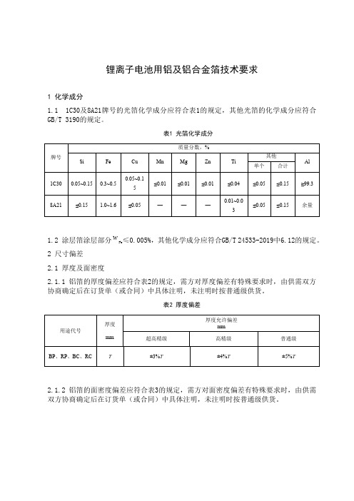 锂离子电池用铝及铝合金箔技术要求
