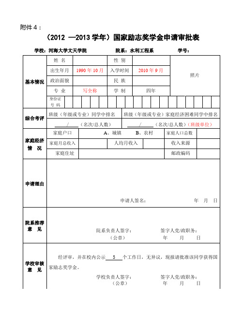国家励志奖学金申请审批表填写样本及填写说明