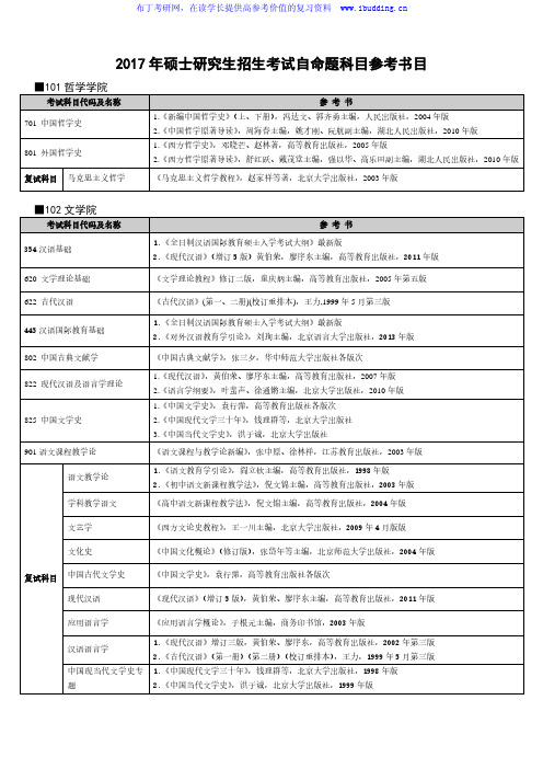 2017年湖北大学硕士研究生招生考试自命题科目参考书目
