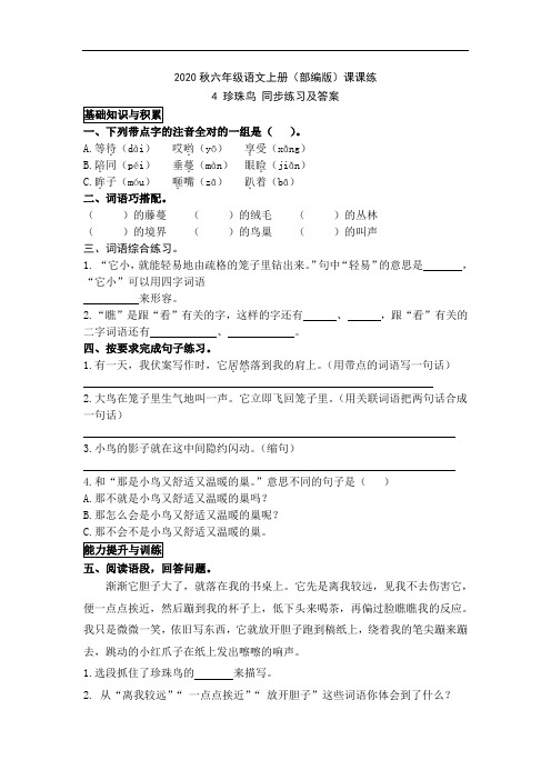 2020秋六年级语文上册(部编版)课课练 4 珍珠鸟 同步练习及答案
