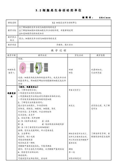 3.2细胞是生命活动的基本单位 教案 北师大版七年级上册生物