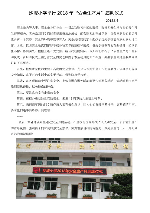 沙堤小学举行2018年安全生产月启动仪式