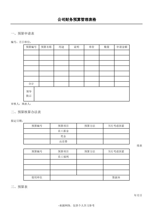 公司财务预算管理表格