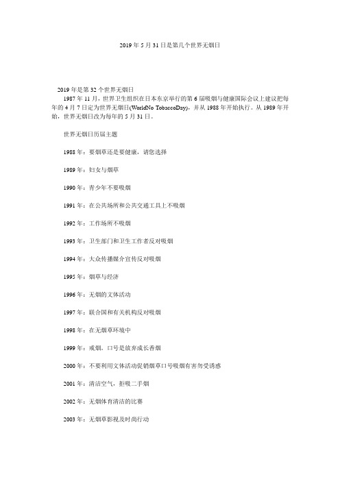 2019年5月31日是第几个世界无烟日