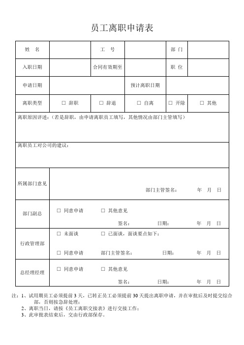 员工离职申请表