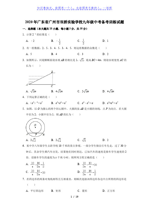 广东省广州市双桥实验学校2020年九年级中考备考训练试题  解析版