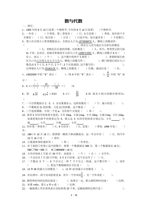 数学六年级下册总复习数与代数含答案
