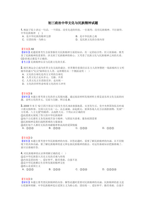 初三政治中华文化与民族精神试题
