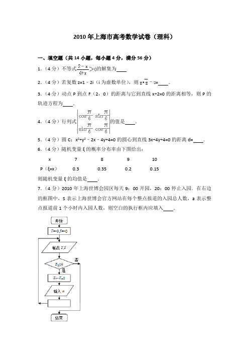 2010年上海市高考数学试卷(理科)及答案