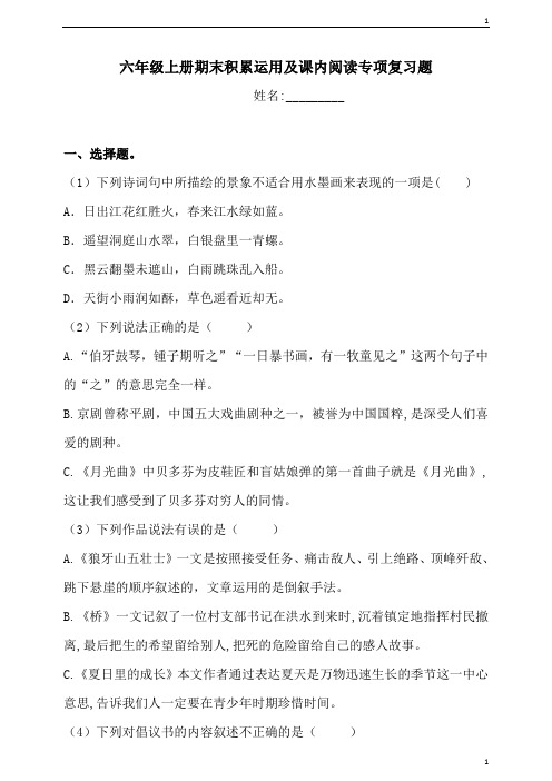 部编统编人教版小学语文六年级上册语文试题-期末积累运用及课内阅读专项复习题(含答案)(一)