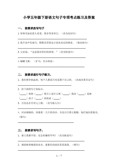 小学五年级下册语文句子专项考点练习及答案