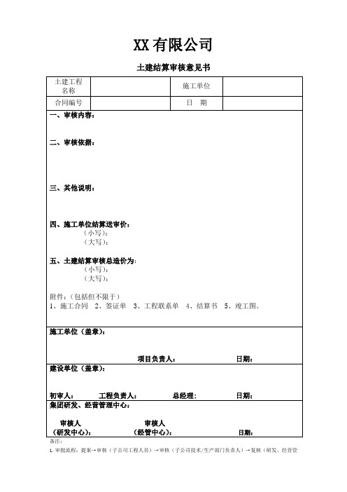 XX公司土建工程结算审核意见书模板