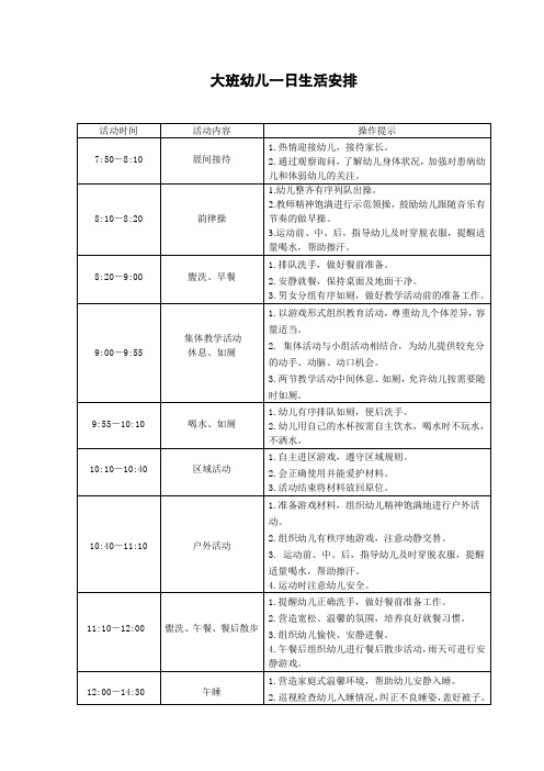 大班幼儿一日生活安排