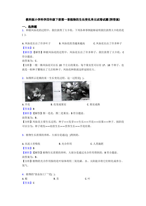 教科版小学科学四年级下册第一章植物的生长变化单元试卷试题(附答案) (4)