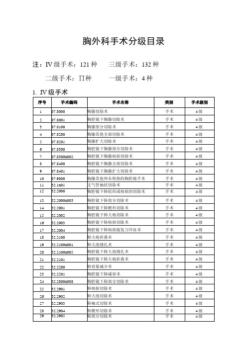 胸外科手术分级目录