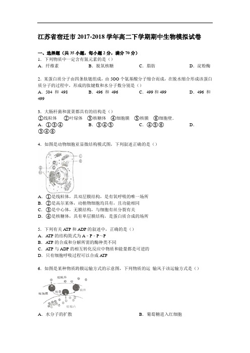 江苏省宿迁市2017-2018学年高二下学期期中生物模拟试卷 Word版含解析