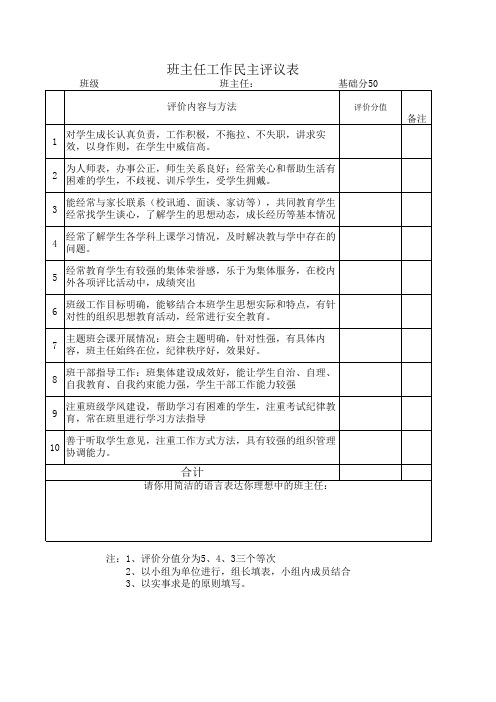 班主任工作民主评议表