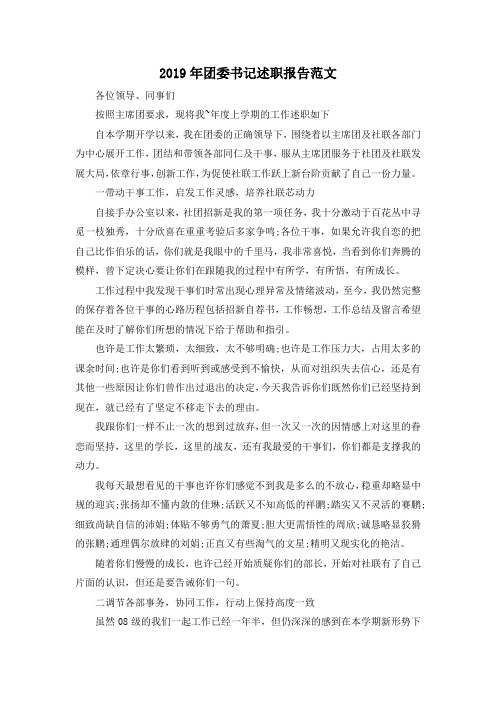 最新-2019年团委书记述职报告范文02019 精品