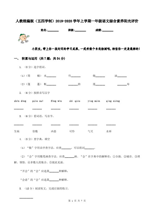 人教统编版(五四学制)2019-2020学年上学期一年级语文综合素养阳光评价