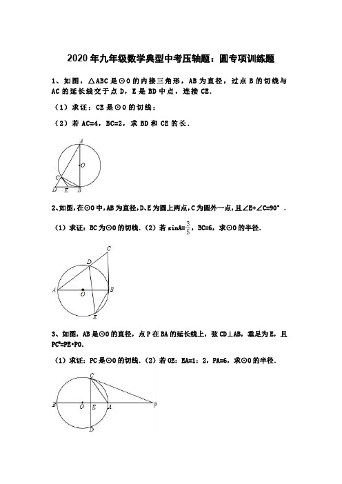 2020年九年级数学典型中考压轴题：圆专项训练题(含答案)