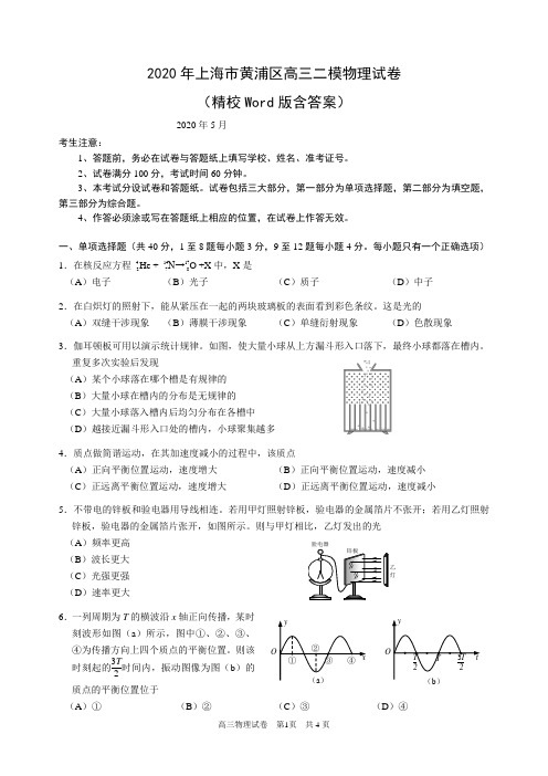 2020年上海市黄浦区高三二模物理试卷(精校Word版含答案)