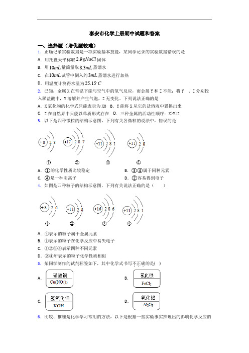 泰安市化学初三化学上册期中试题和答案
