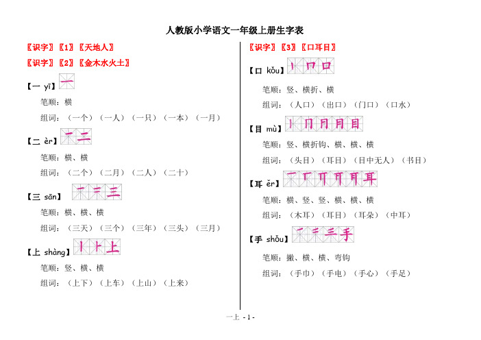 人教版小学语文一年级上册生字表(拼音-笔顺-组词)