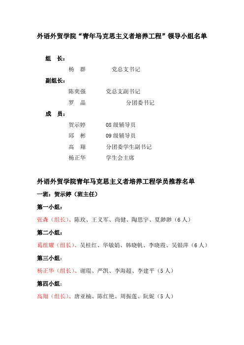 青马工程领导小组名单及成员分组情况