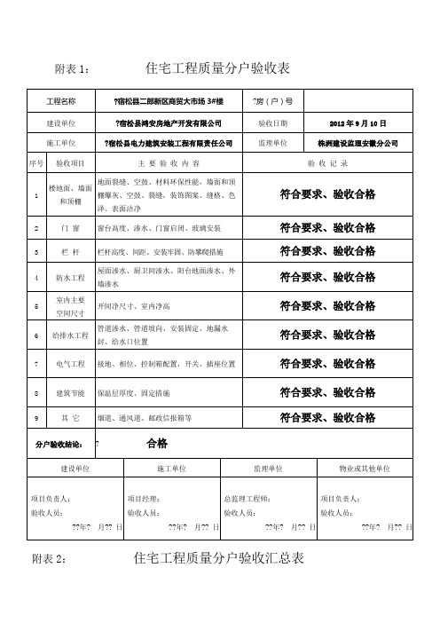 分户验收表格填写示例