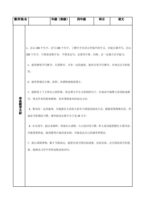 四年级语文教学计划及进度表