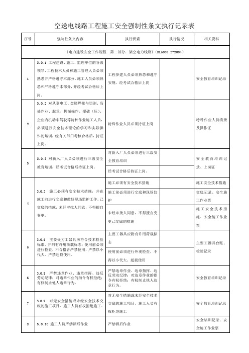 架空送电线路工程施工安全强制性条文执行记录表