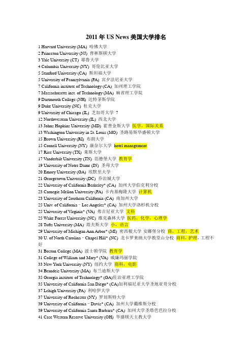 2011年最新US News排名学校