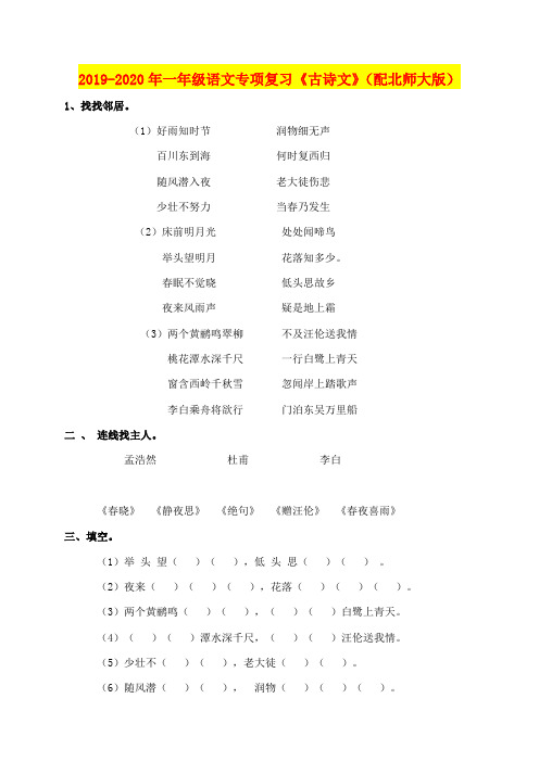 2019-2020年一年级语文专项复习《古诗文》(配北师大版)