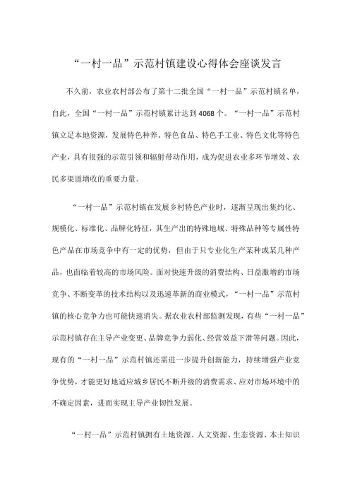 一村一品示范村镇建设心得体会座谈发言